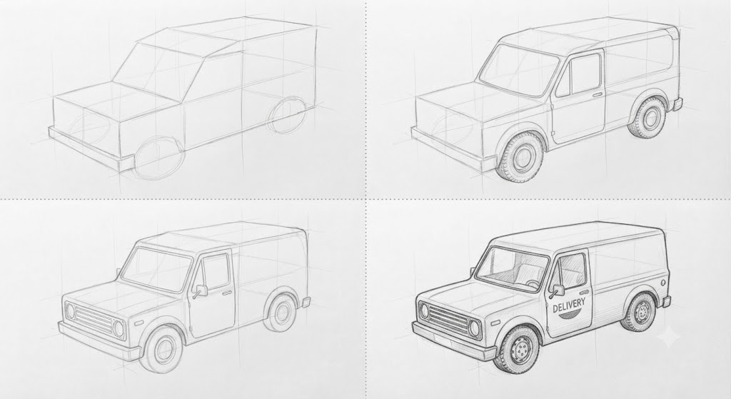 Langkah dan sketsa perspektif cara menggambar kendaraan mobil