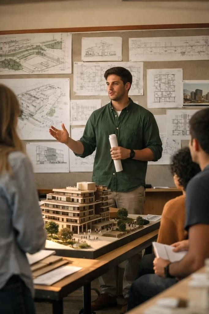 Pengajar arsitektur sedang menjelaskan maket di studio kelas sebagai tips memilih kampus arsitektur yang tepat.