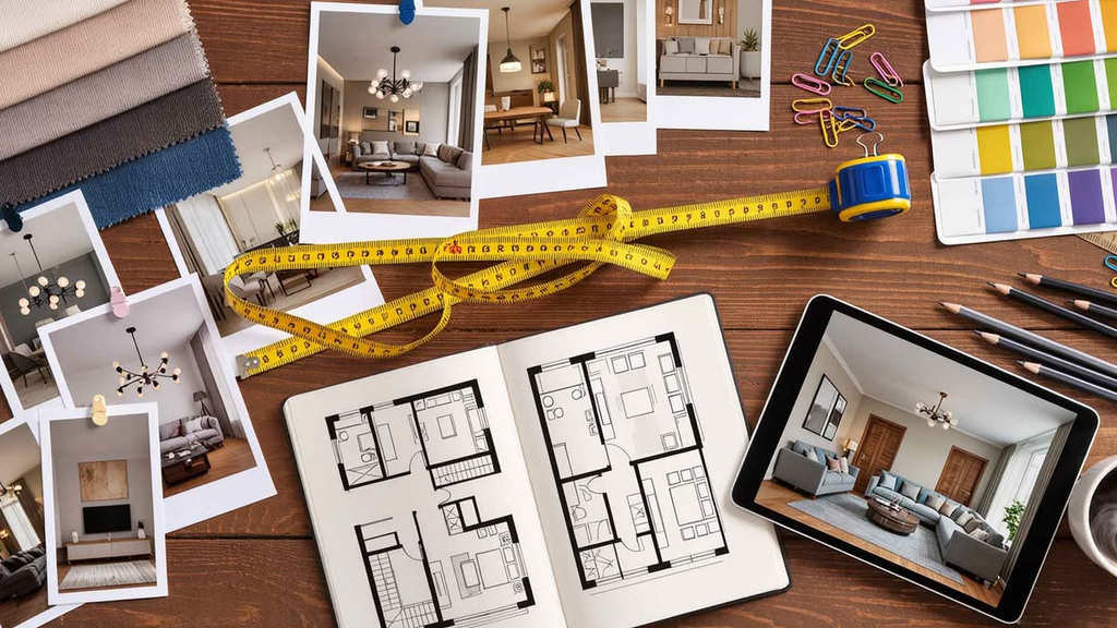 Ilustrasi meja kerja desainer interior berisi papan suasana (moodboard), sketsa denah rumah 2D dan 3D di tablet, pita pengukur, pensil, serta sampel warna dan material.