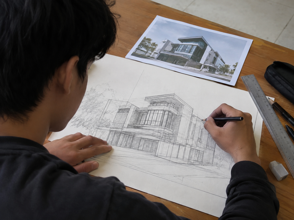 tipe garis, seorang pria sedang menggambar bangunantipe garis 